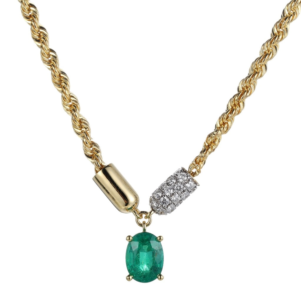 Tube + Rope Chain Oval Emerald and Diamonds Necklace – Type Jewelry
